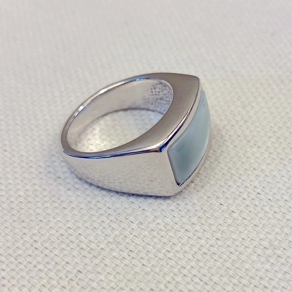 Silver Tone Ring Pale Blue Rectangle